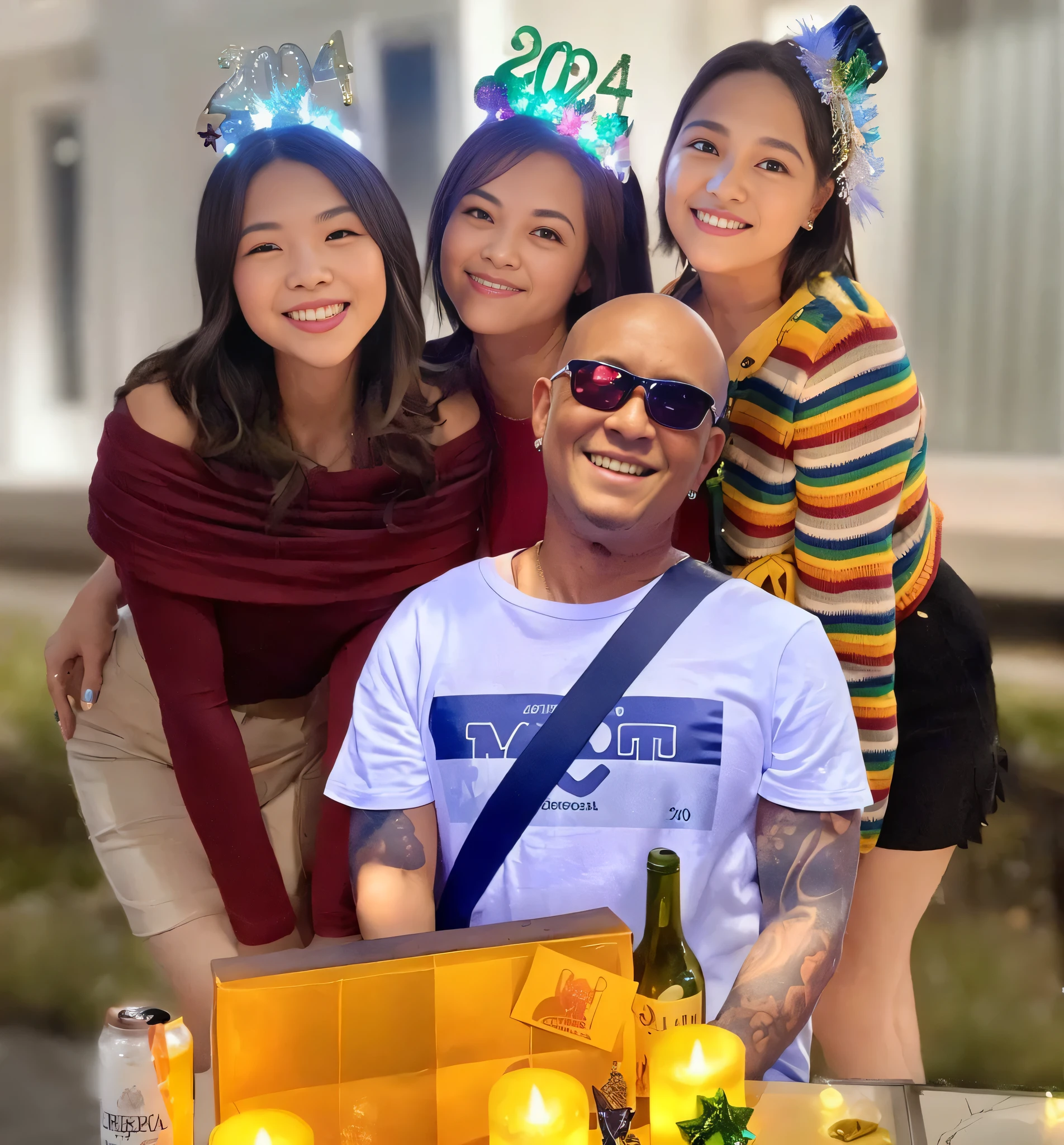 there are three people posing for a picture with a box of candles, profile pic, 🤬 🤮 💕 🎀, at a birthday party, profile picture 1024px, having a cool party, exclusive, photo taken in 2 0 2 0, new years eve, party, rooftop party, holiday, wining, profile image, group photo, fanart