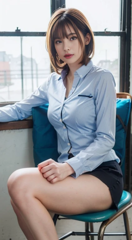Top quality, Photorealistic, 8k, High resolution, 1 girl, female, (medium breasts: 1.8), ,unbuttoned  blazer, uniform, until her breasts were visible, pubic hair visible, no panties, skirt boldly pulled up, ((sitting on chair and legs wide open)), knees bent and legs open, slightly short hairstyle, hands grabbing knees and legs open, shirt with buttons fluttering, bronze hair,