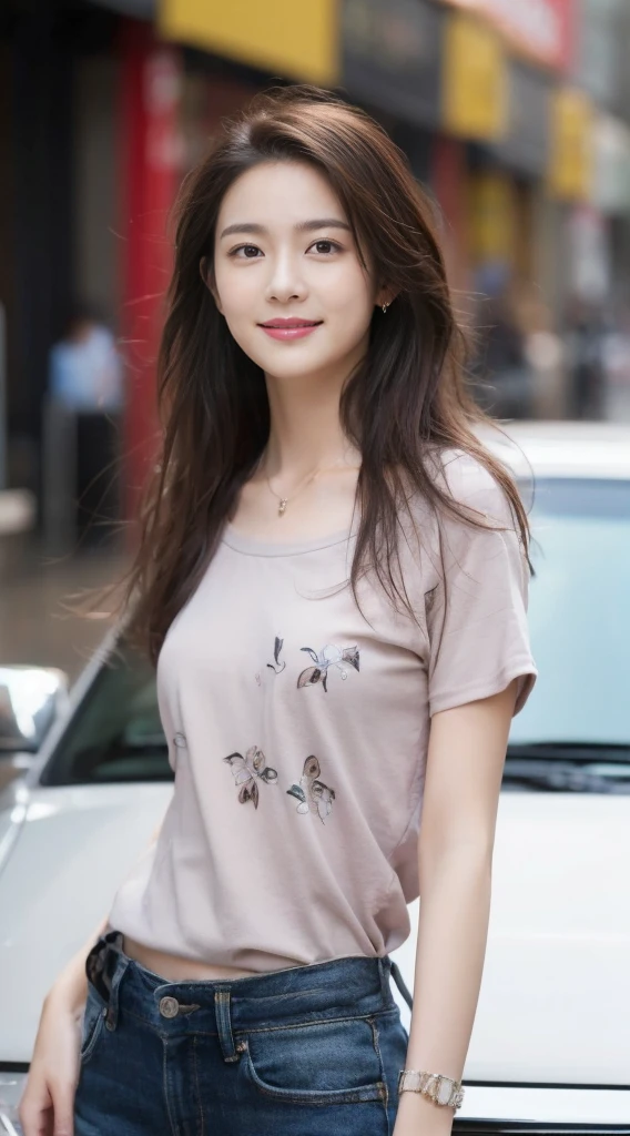 ((Masterpiece, Top image quality, high resolution、alone、shiny skin))(on the table, best quality, actual, super detailed, meticulous, high resolution, 8k wallpaper), Close-up portrait of a beautiful woman, Chariada, smiling, light brown messy hair, Perfect dynamic composition, 美丽meticulous的眼睛, Just like the cover of a fashion magazine, on campus