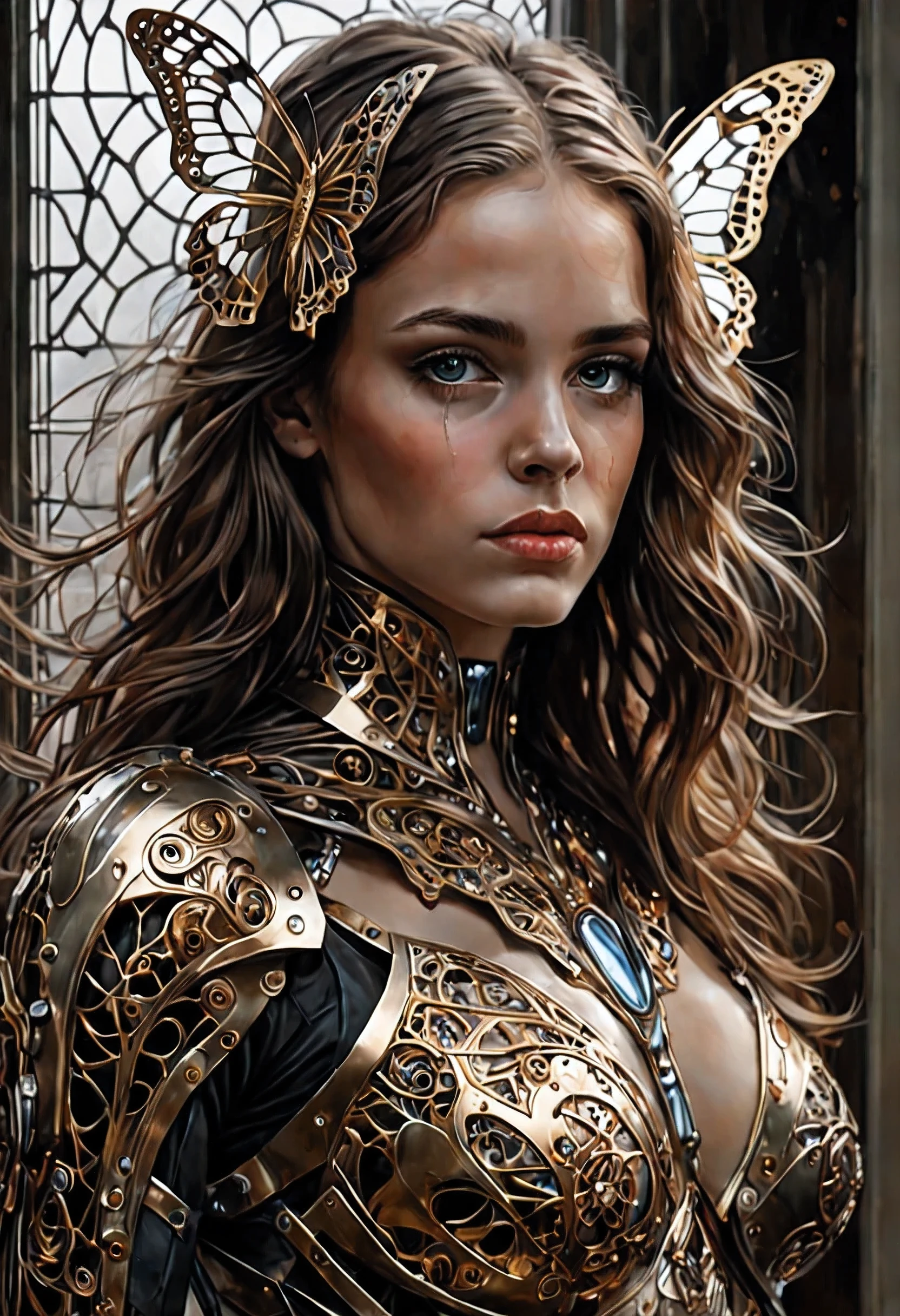 In Casey Baugh's evocative style, art of a beautiful young girl cyborg with long brown hair, futuristic, scifi, intricate, elegant, highly detailed, majestic, Baugh's brushwork infuses the painting with a unique combination of realism and abstraction, greg rutkowski, surreal gold filigree, broken glass, (masterpiece, sidelighting, finely detailed beautiful eyes: 1.2), hdr, realistic painting, natural skin, textured skin, closed mouth, crystal eyes, butterfly filigree, chest armor, eye makeup, robot joints, long hair moved by the wind, window facing to another world, Baugh's distinctive style captures the essence of the girl's enigmatic nature, inviting viewers to explore the depths of her soul, award winning art