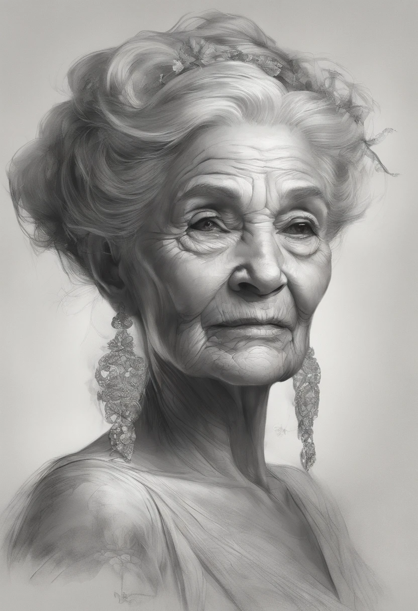 Detailed charcoal drawing in the style of Viktor Miller-Gausa, Ross Tran, Brian Froud, Tom Bagshaw of a Kind Elderly Woman, avec soft, Intricate shadows on her wrinkled face, Capturing the weathered beauty of a long and fulfilling life