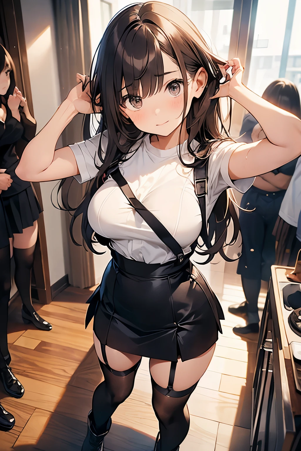 brown hair、looking at the viewer　　suspenders　　　Bulging big breasts　　 　 　　　　Black miniskirt　garter belt　knee high socks　　　　　　Gaze　　　small face　bangs 　　　　　Beauty　　hands up　　 　Gaze 　black boots 　provocation　　armpit sweat　one person 　　put your hands behind your back　cutter shirt　　Panty shot