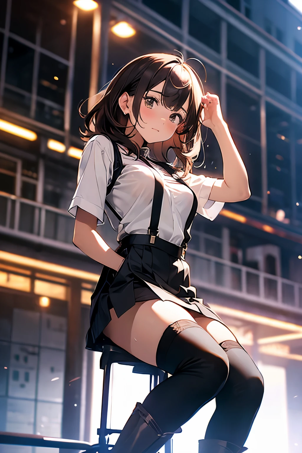 brown hair、looking at the viewer suspenders Bulging big breasts Black miniskirt garter belt knee high socks Gaze small face bangs Beauty hands up Gaze black boots provocation armpit sweat one person put your hands behind your back cutter shirt Panty shot