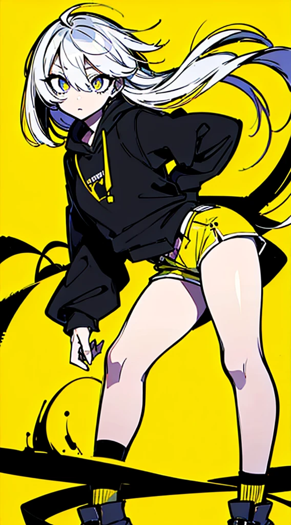 (masterpiece, highest quality:1.6), alone, thick outline, (simple background, Dark yellow background, monochrome, dark yellow theme:1.2), official art, Key Visual, 8K, disorganized, whole body, (Unique hair, Oversized Hoodies, hot pants, arch back, short torso:1.2), belly button, thighs, cowboy shot, HDR, sharp focus, High resolution, most detailed, very detailed, Super detailed, finely, detailed eyes and face, sharp pupils, realistic student