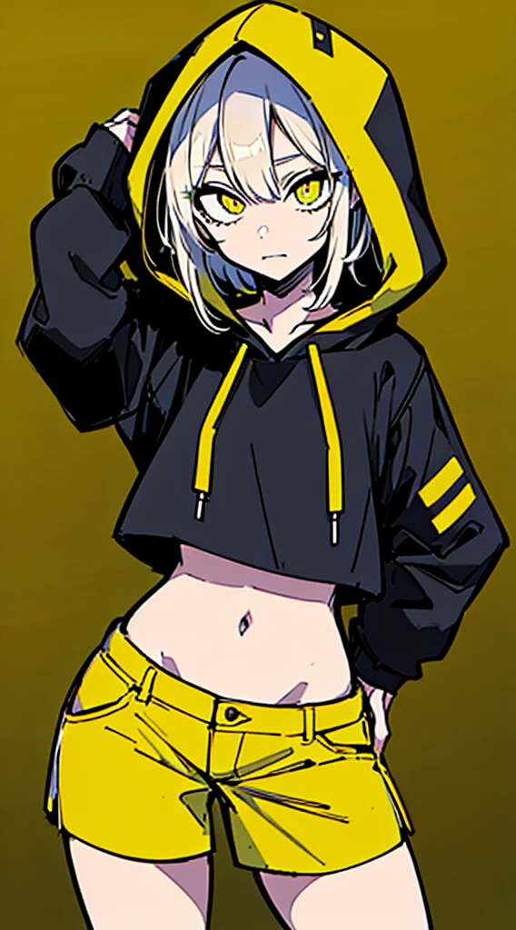 (masterpiece, highest quality:1.6), alone, thick outline, (simple background, Dark yellow background, monochrome, dark yellow theme:1.2), official art, Key Visual, 8K, disorganized, whole body, (Unique hair, Oversized Hoodies, hot pants, arch back, short torso:1.2), belly button, thighs, cowboy shot, HDR, sharp focus, High resolution, most detailed, very detailed, Super detailed, finely, detailed eyes and face, sharp pupils, realistic student