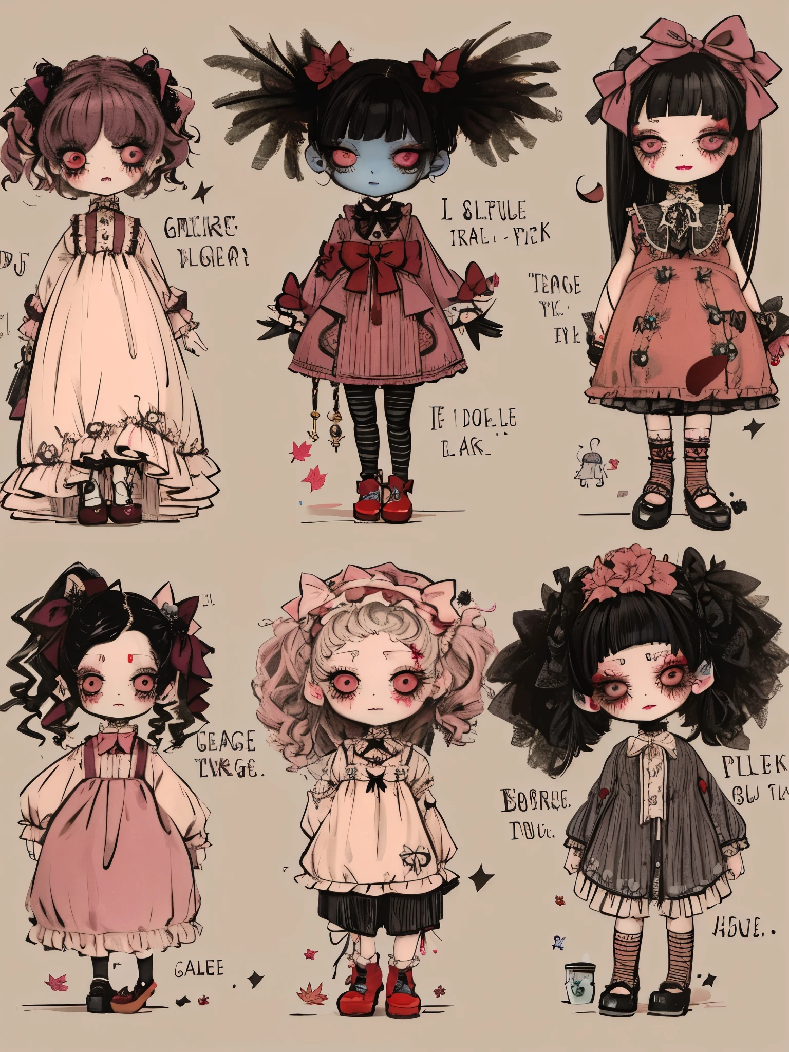 A bunch of pictures of different dolls with different hairstyles, Doll phobia, by Alice Prine, gloomy style, adoptable, Gothic horror vibes, role conception : : Gothic, Fashion Design, Weird and cold art style, Lovely art style, dollpunk, lolita style, by Louisa Puller, 🍁 Lovely, full role conception, Lovely characters, scary style