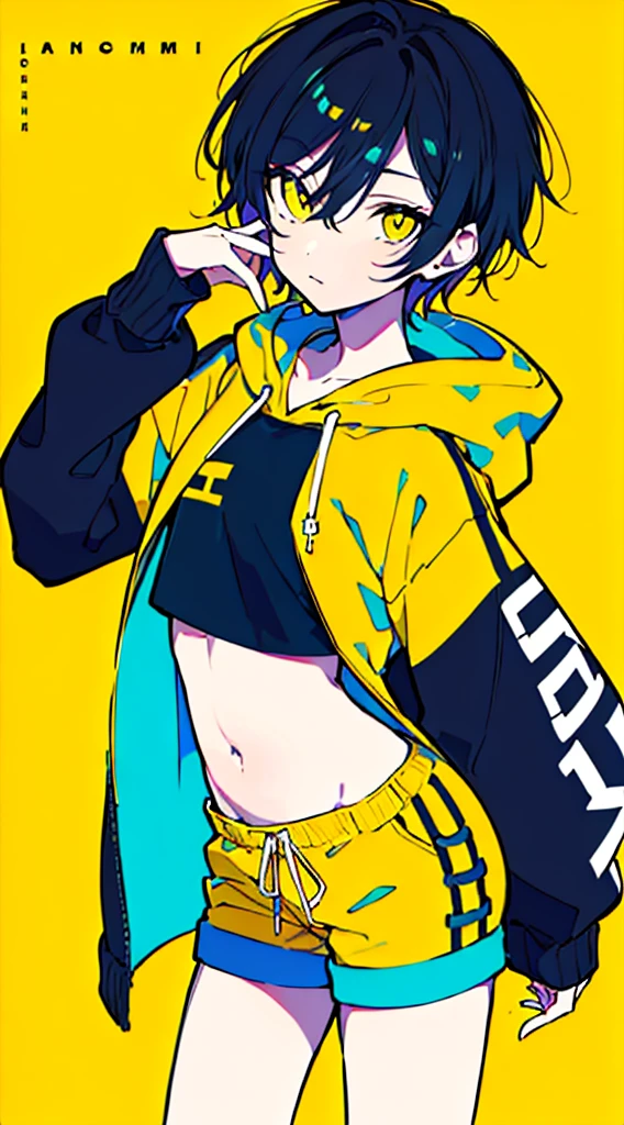 (masterpiece, highest quality:1.6), alone, thick outline, (simple background, Dark yellow background, monochrome, dark yellow theme:1.2), official art, Key Visual, 8K, disorganized, whole body, (Unique hair, Oversized Hoodies, hot pants, arch back, short torso:1.2), belly button, thighs, cowboy shot, HDR, sharp focus, High resolution, most detailed, very detailed, Super detailed, finely, detailed eyes and face, sharp pupils, realistic student