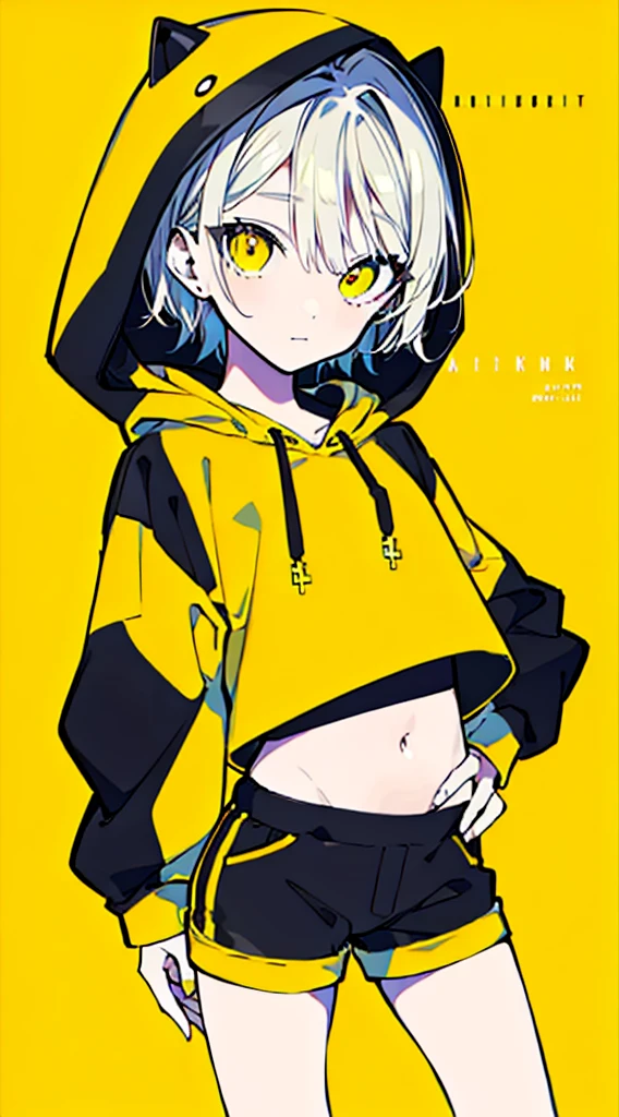 (masterpiece, highest quality:1.6), alone, thick outline, (simple background, Dark yellow background, monochrome, dark yellow theme:1.2), official art, Key Visual, 8K, disorganized, whole body, (Unique hair, Oversized Hoodies, hot pants, arch back, short torso:1.2), belly button, thighs, cowboy shot, HDR, sharp focus, High resolution, most detailed, very detailed, Super detailed, finely, detailed eyes and face, sharp pupils, realistic student