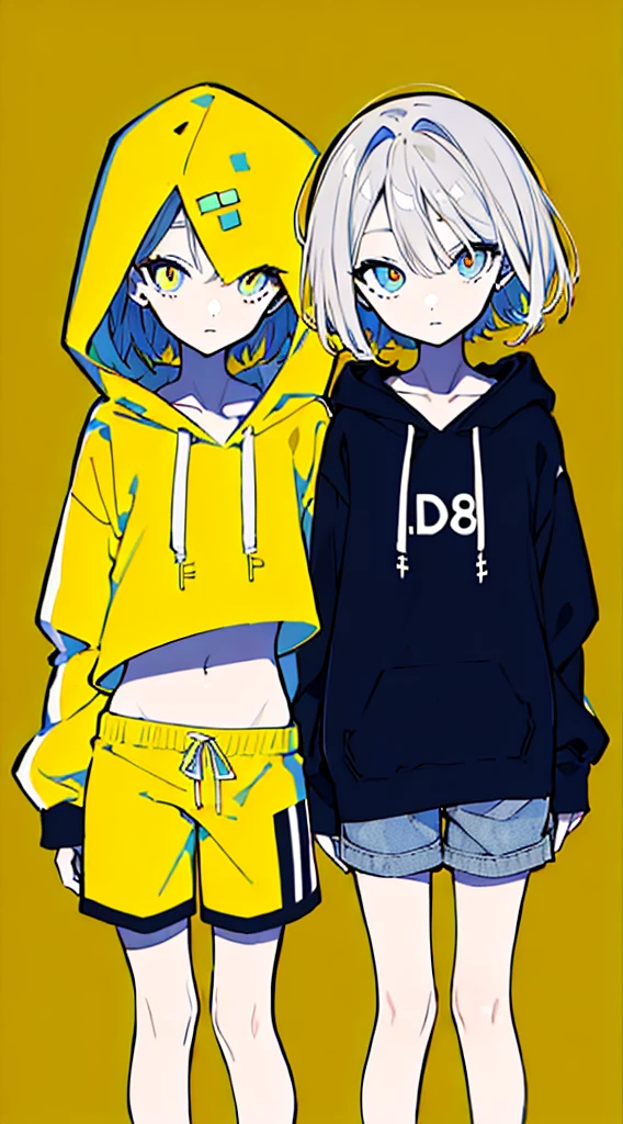 (masterpiece, highest quality:1.6), alone, thick outline, (simple background, Dark yellow background, monochrome, dark yellow theme:1.2), official art, Key Visual, 8K, disorganized, whole body, (Unique hair, Oversized Hoodies, hot pants, arch back, short torso:1.2), belly button, thighs, cowboy shot, HDR, sharp focus, High resolution, most detailed, very detailed, Super detailed, finely, detailed eyes and face, sharp pupils, realistic student