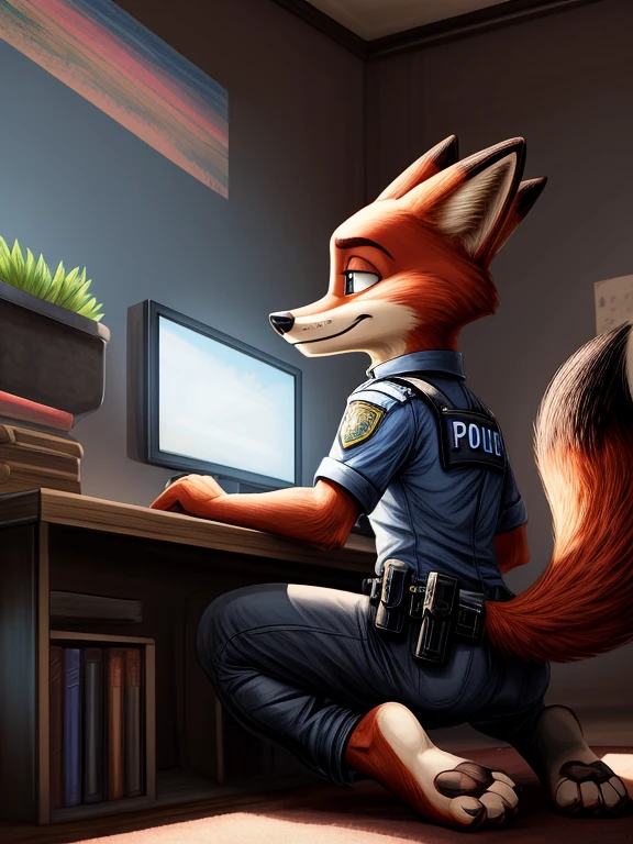 2d portrait, very detailed faces, anatomically correct, furry art, hypnotised barefoot Nick Wilde (Zootopia) wearing his blue police uniform, long pants, police belt with gun, kneeling in front of PC or TV, in office, concentrating on a monitor with a recording of a green hypnotic spiral, detailed nice big fox feet paws with short claws, in a trance, drooling, green glow in his eyes, hi res, detailed background, 8k hd,(dark shadows, wide dynamic range, hdr, low light:1.2), （Dynamic angles and pose:1.2)