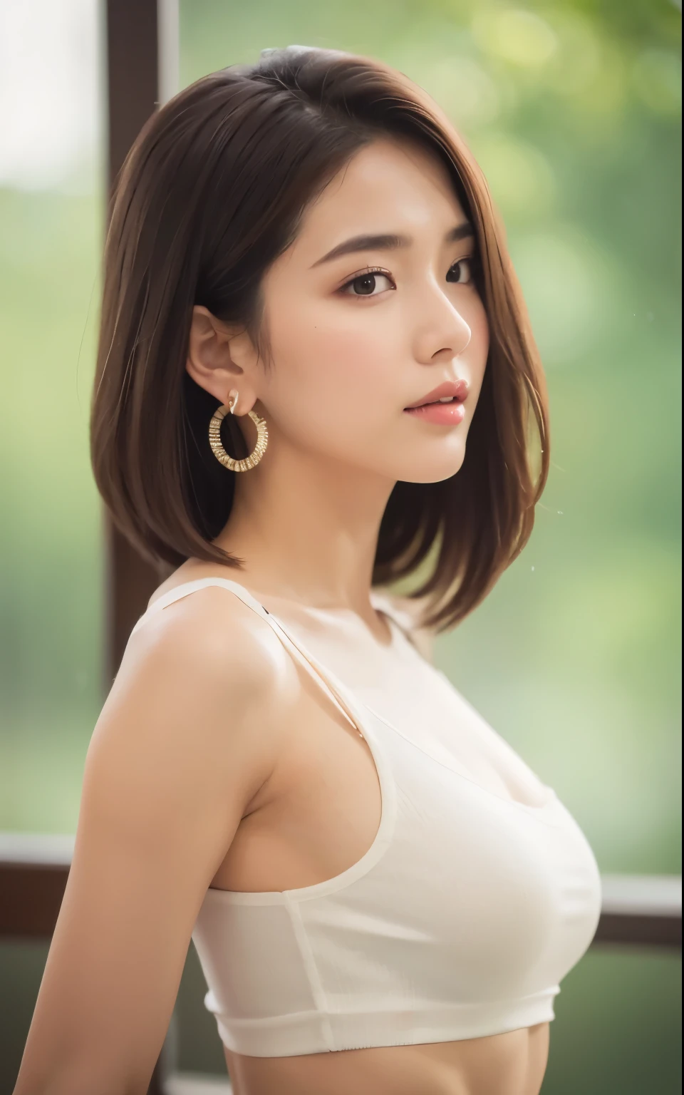 masterpiece, best quality, solo, 1girl, luminous skin, hoop earrings, glamorous, whimsical details, slicked hair, mesmerizing, bare shoulder, crop top, long pants, shallow depth of field, contrapposto, professional model, face front, portrait