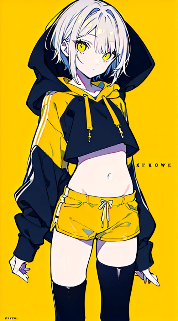 (masterpiece, highest quality:1.6), alone, thick outline, (simple background, Dark yellow background, monochrome, dark yellow theme:1.2), official art, Key Visual, 8K, disorganized, whole body, (Unique hair, Oversized Hoodies, hot pants, arch back, short torso:1.2), belly button, thighs, cowboy shot, HDR, sharp focus, High resolution, most detailed, very detailed, Super detailed, finely, detailed eyes and face, sharp pupils, realistic student