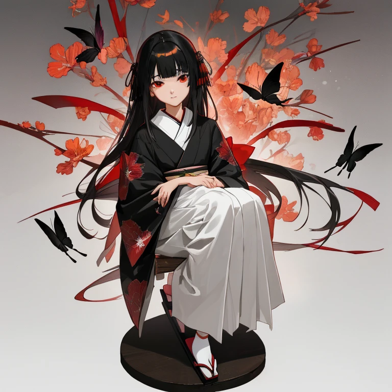 {{{{{gigoku syozyo}}}}}
{{{{amazing quality, great quality, high quality, very aesthetic, aesthetic, best quality}}}}, 
realistic, photo, shadow, Three-dimensional, absurdres, Digital art, 
{{{{Magical girl}}}}, beautiful girl, one girl, 13 years old, 
black hair, long hair, straight hair, trimmed hair, shiny hair, blunt bangs, short sideburns, 
red eyes, {{big eyes}}, {{round eyes}}, eyes wide open, tareme, 
{{flat chest}}, {{small breasts}}, {{detailed body}}, slim thighs, thin thighs, 
{{{Floral black kimono}, long skirt, white tabi, black geta for women, }}}, 
cluster amaryllis, black butterfly, Shoji, 
