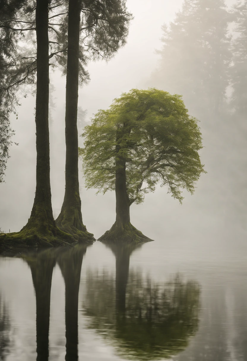 High quality image with trees protruding above the water surface from the lake low, forested, quiet lake surface, foggy,
