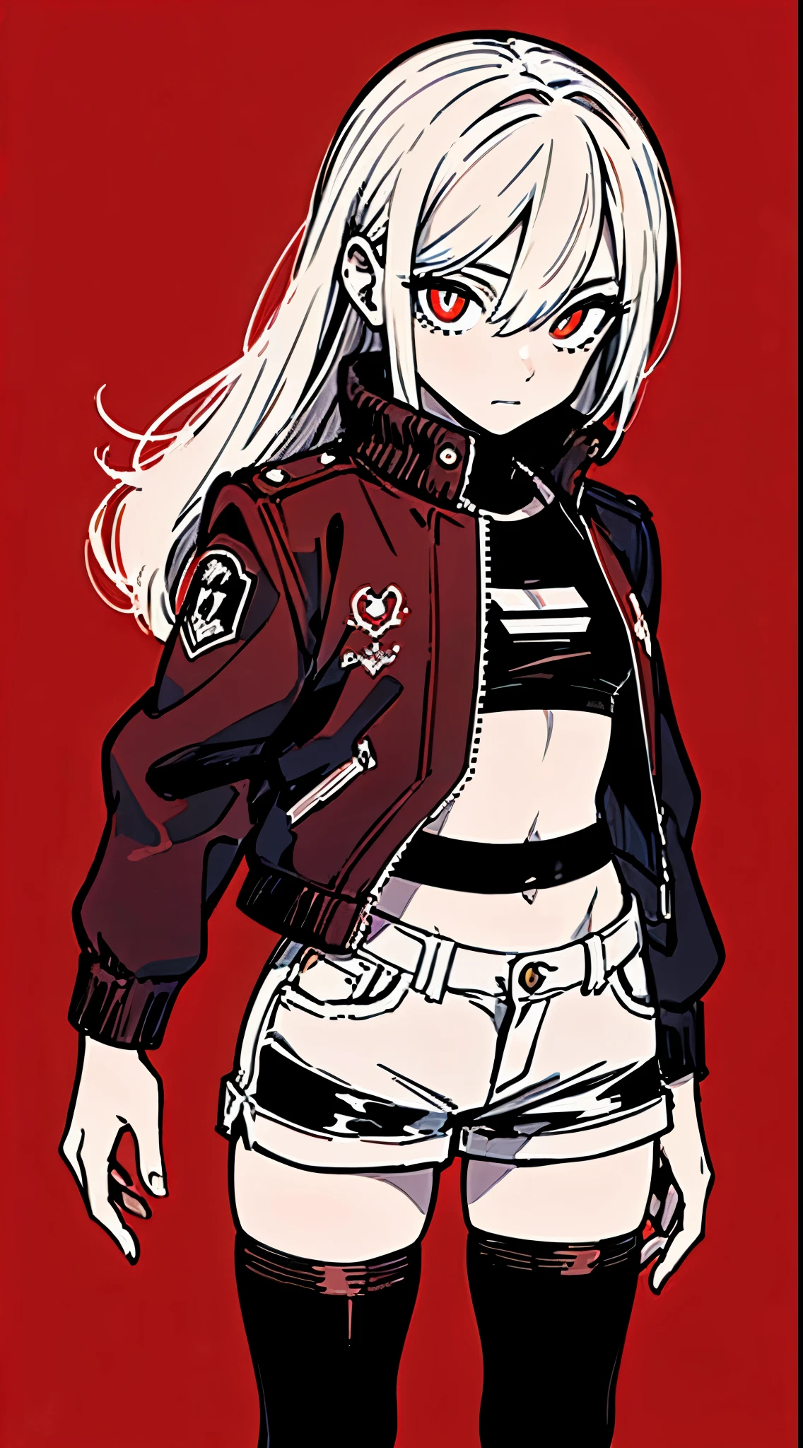 (masterpiece, highest quality:1.6), alone, thick outline, (simple background, Dark red background, monochrome, Dark red theme:1.2), official art, Key Visual, 8K, disorganized, whole body, (Unique hair, Punks jacket, hot pants, arch back, short torso:1.2), belly button, thighs, cowboy shot, HDR, sharp focus, High resolution, most detailed, very detailed, Super detailed, finely, detailed eyes and face, sharp pupils, realistic student