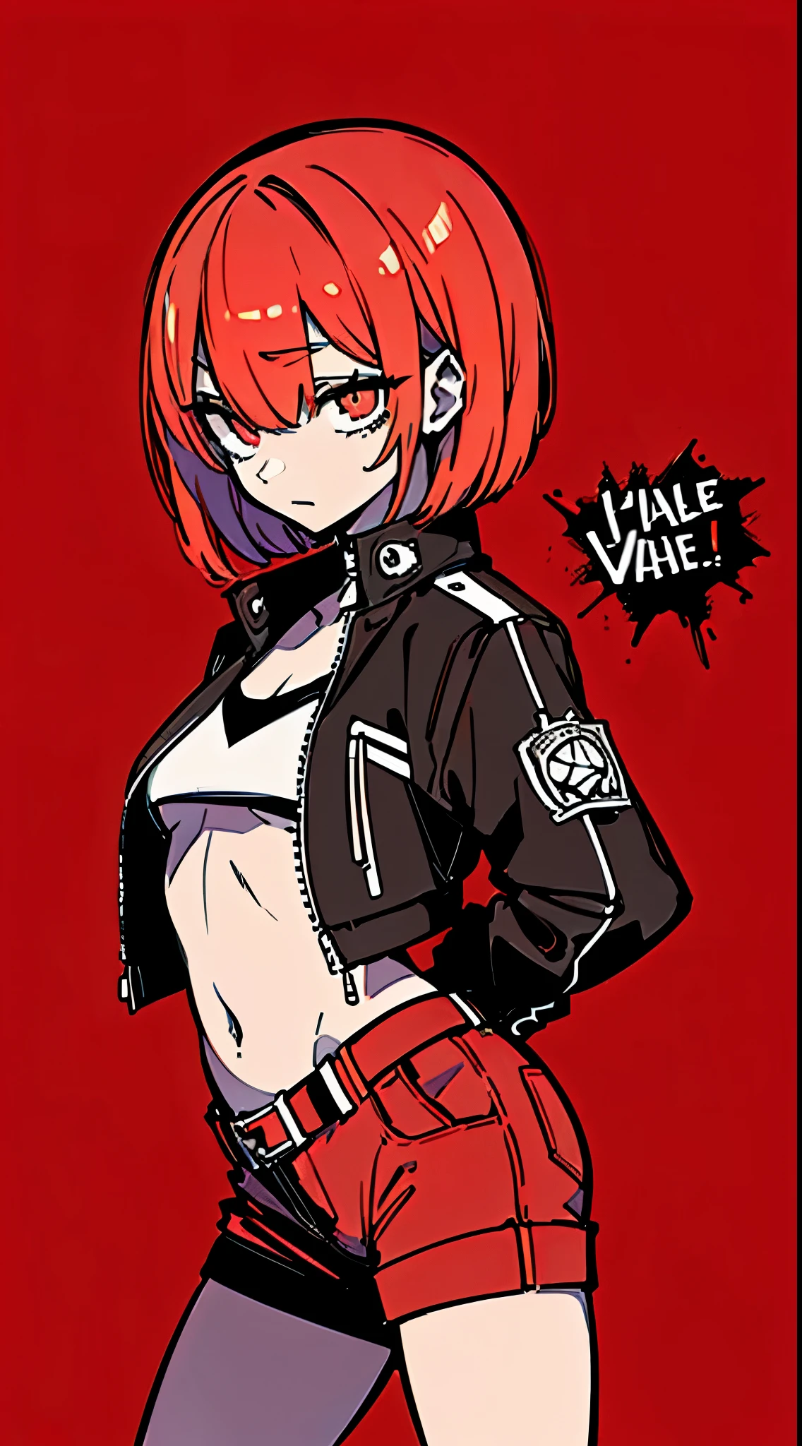 (masterpiece, highest quality:1.6), alone, thick outline, (simple background, Dark red background, monochrome, Dark red theme:1.2), official art, Key Visual, 8K, disorganized, whole body, (Unique hair, Punks jacket, hot pants, arch back, short torso:1.2), belly button, thighs, cowboy shot, HDR, sharp focus, High resolution, most detailed, very detailed, Super detailed, finely, detailed eyes and face, sharp pupils, realistic student