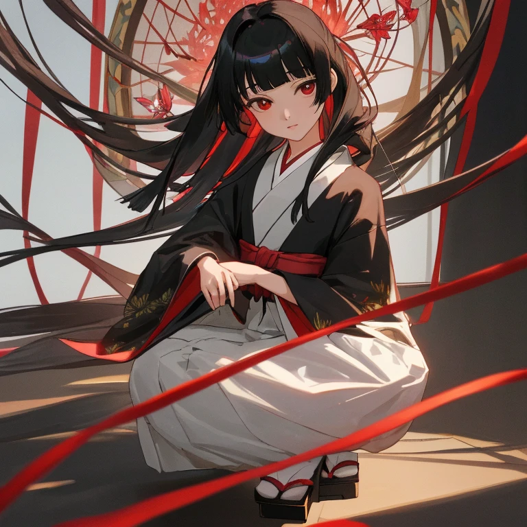 {{{{{gigoku syozyo}}}}}
{{{{amazing quality, great quality, high quality, very aesthetic, aesthetic, best quality}}}}, 
realistic, photo, shadow, Three-dimensional, absurdres, Digital art, 
{{{{Magical girl}}}}, beautiful girl, one girl, 13 years old, 
black hair, long hair, straight hair, trimmed hair, shiny hair, blunt bangs, short sideburns, 
red eyes, {{big eyes}}, {{round eyes}}, eyes wide open, tareme, 
{{flat chest}}, {{small breasts}}, {{detailed body}}, 
{{{Floral black kimono}, white tabi, black geta for women}}}, 
cluster amaryllis, black butterfly, 