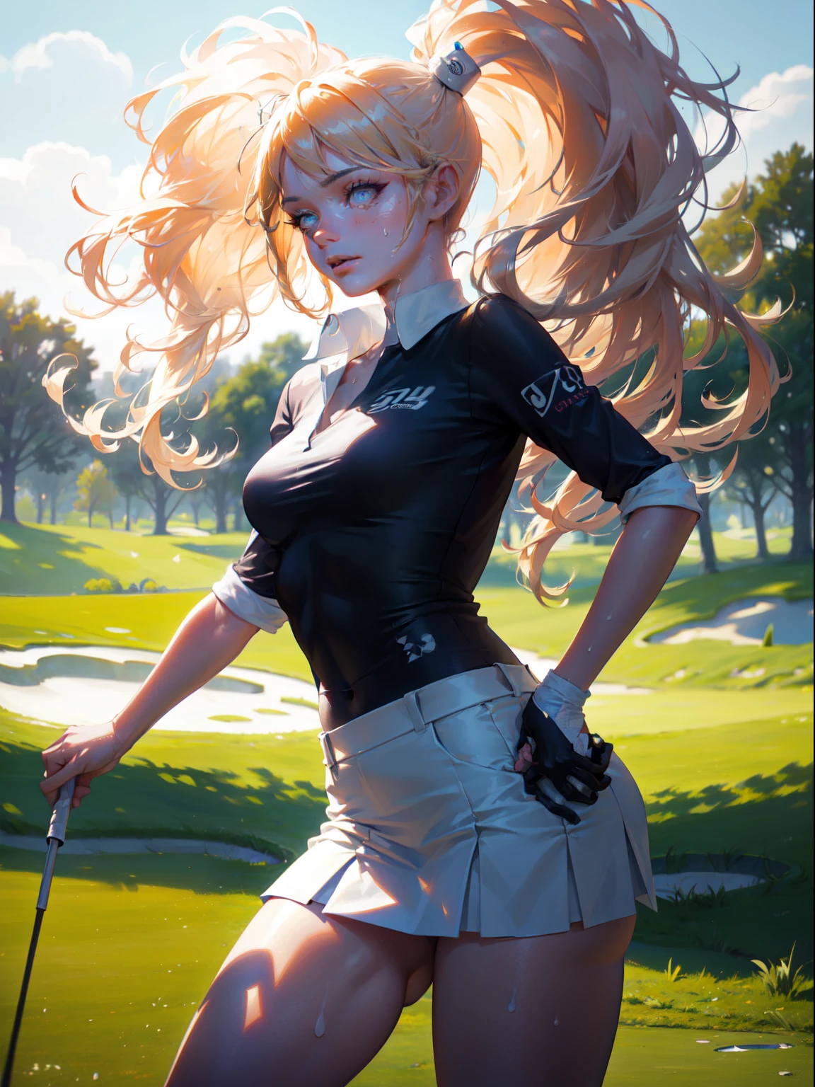 Best Quality, masutepiece,  High resolution, (Photorealistic:1.4), Raw photo, 1 beautiful girl ,Female Golf Players, Skirt,small head,Large breasts,nice legs, Glowing skin, Sweat,Smash a golf ball,In the field of golf,(Detailed beautiful face:1.4),detailed skins,Detailed eyes,detailed hairs,Cool,Beautiful,