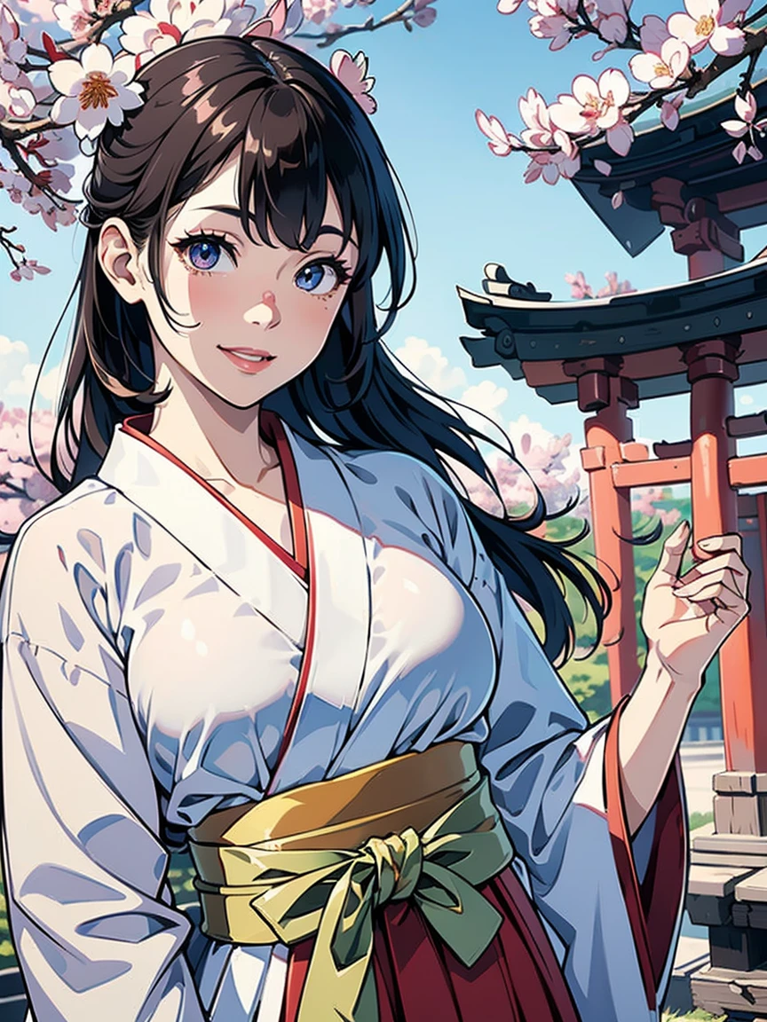 (Hyper-realistic), (a picture), (high resolution), (in 8K), (high detailed), (Best Illustration), (Beautiful detailed eyes), (Beautiful detailed face), (top-quality), (ultra-detailed), (masterpiece), (wall-paper), (extremely detailed face), (black long hair), (1 girl), (solo), (a detailed eye, thin cheeks, shinny skin, shiny lip, lighting on the face), (standing:1.0), Cameltoe, (large breasts), (small breasts), (skinny thigh), (slim waist), (smile), (miko clothes), (long sleeve), (long hakama:1.2), (sakura), (shinto shrine)