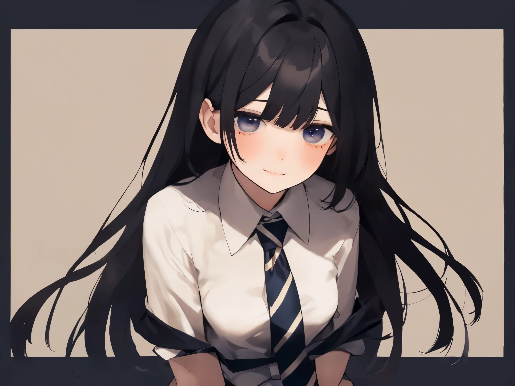 a slightly fat woman,Has long black hair tied up in a messy manner,bangs,White shirt with striped tie,clothes dark background,small breasts,straight face,Expressionless,troubled eyebrows,Boring face