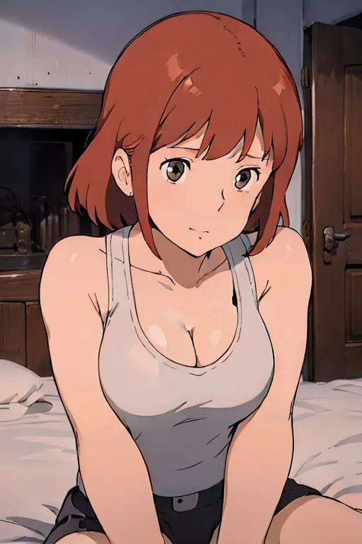 Nausicaa, 1girl, solo, cute, blush, slim, brown hair, (looking at away, cleavage), cowboy shot, huge breasts, (white tanktop:1.5), sit, bed, (perfect detailed anatomy, beautiful face&eyes, beautiful skin, perfect body)