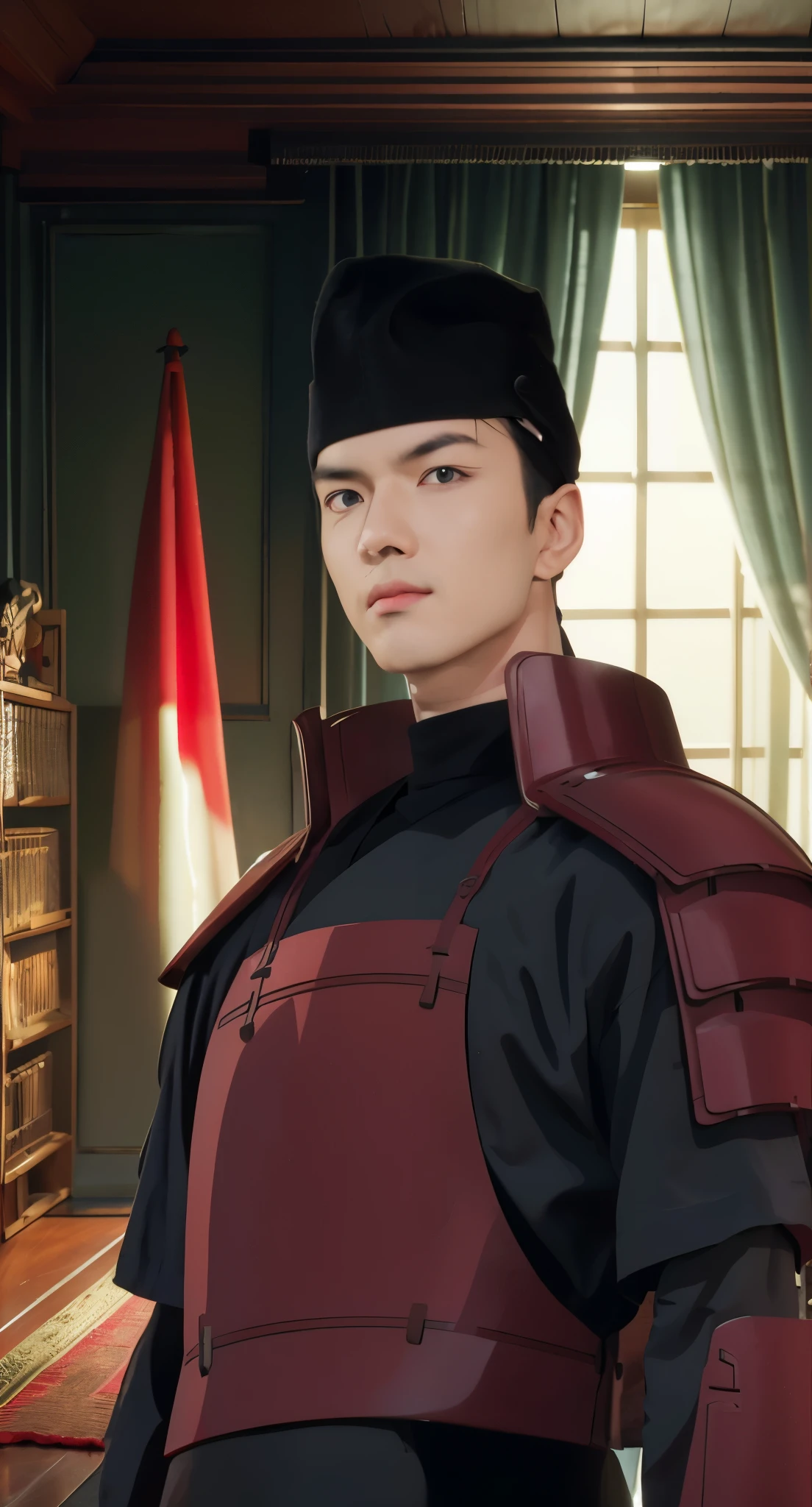 Real life adaption of this character, handsome man,wear realistic same outfit, wear red armor like samurai outfit,wear realistic black Cap on head, realistic same background,realism, hyper realistic, realistic light, realistic shadow,(photorealistic 1:2)