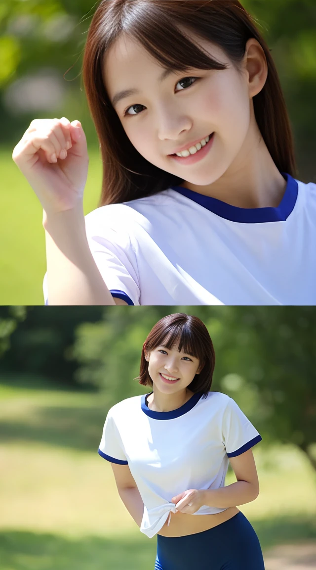 最high quality, masterpiece, 1 girl, beautiful face, (realisticな写真:1.3), edge light, (high detail skin:1.2), 8K, Ultra HD, Digital single-lens reflex camera, high quality, High resolution, 4K, 8K, Bokeh, absurd, Optimal ratio of 4 fingers and 1 thumb, (realistic:1.3), かわいい1 girl, Wearing a white t-shirt of gym clothes, medium breasts, Wearing dark blue bloomers,Pure sunshine smile,