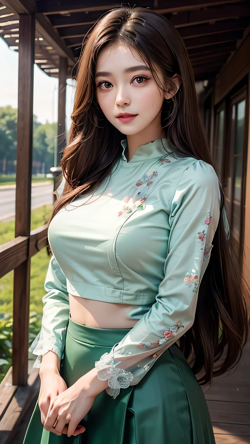 ((Masterpiece)), ((High detail)), photography, real photograph,1 Girl, ((Ultra-detailed)),((Delicate face)), Beautiful detailed eyes, (high light, Gradient hair),Long hair, Floating hair, acmm ls outfit, wearing acmm top, white acmm top, long sleeves, wearing acmm long skirt, bright green acmm long skirt, printed skirt, outdoor, sun light