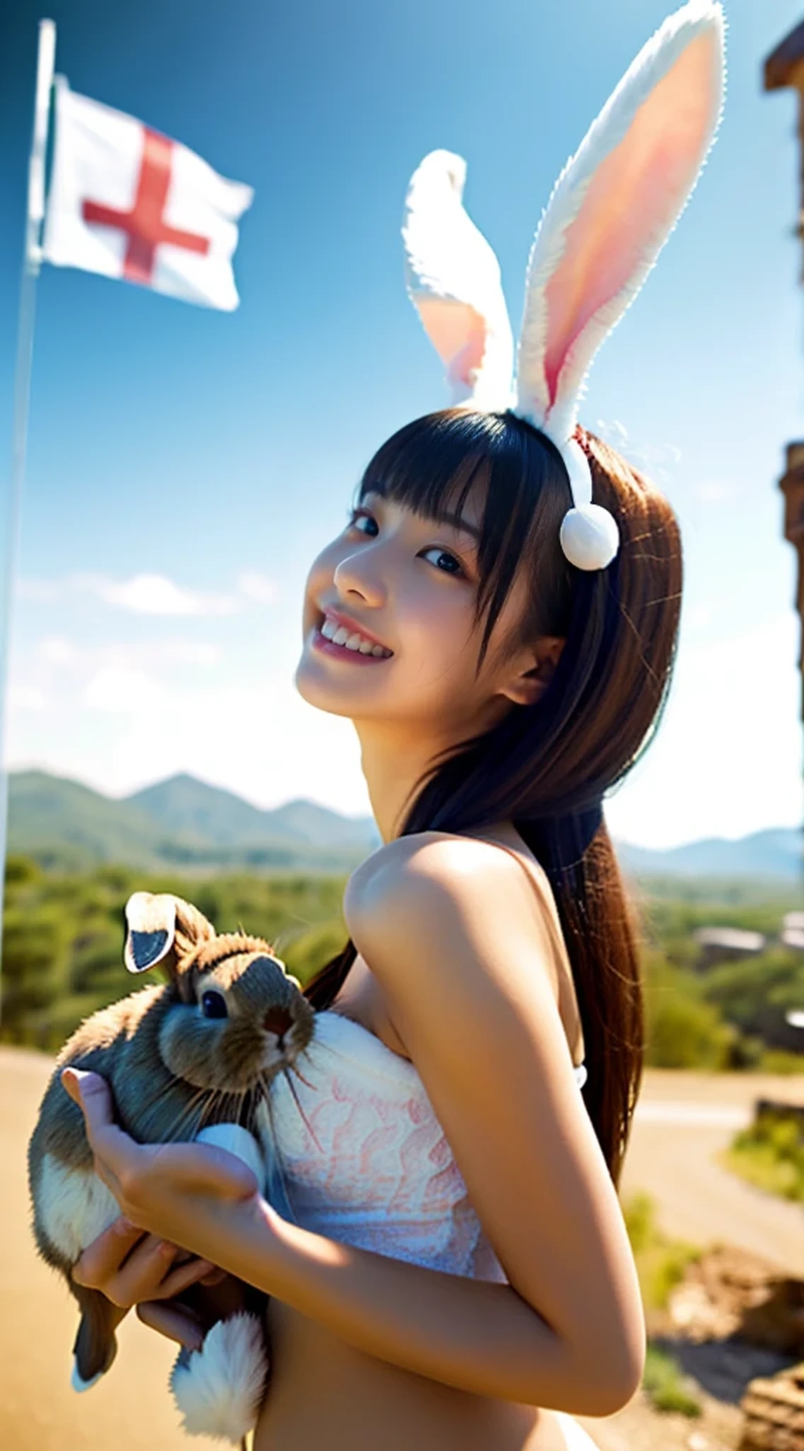 anime girl in bunny ears holding a turtle in her hands, bunny girl、playboy bunny, ultrarealistic sweet bunny girl, bunnypunk, bunny, inspired、pixiv contest winner, The story of the rabbit and the eyes、20代のbunnyガールが亀を持って睨めっこ、mountains in the background々、aerial perspective、goal flag、、baby face、prettman looking at turtle、woman looking into the distance、soft chest、Rabbit army victory、smile