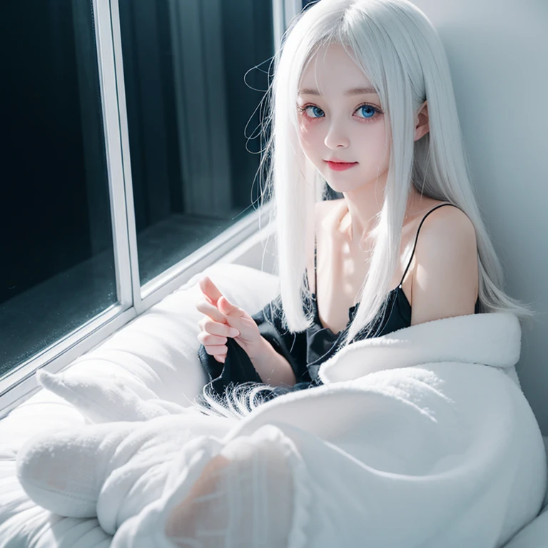 white hair,loli,Smile,Petite and delicate,Blue eyes,Black simple clothing,Well-behaved and cute,Innocence,Innocent,Indifferent expression,gentle,big eyes
