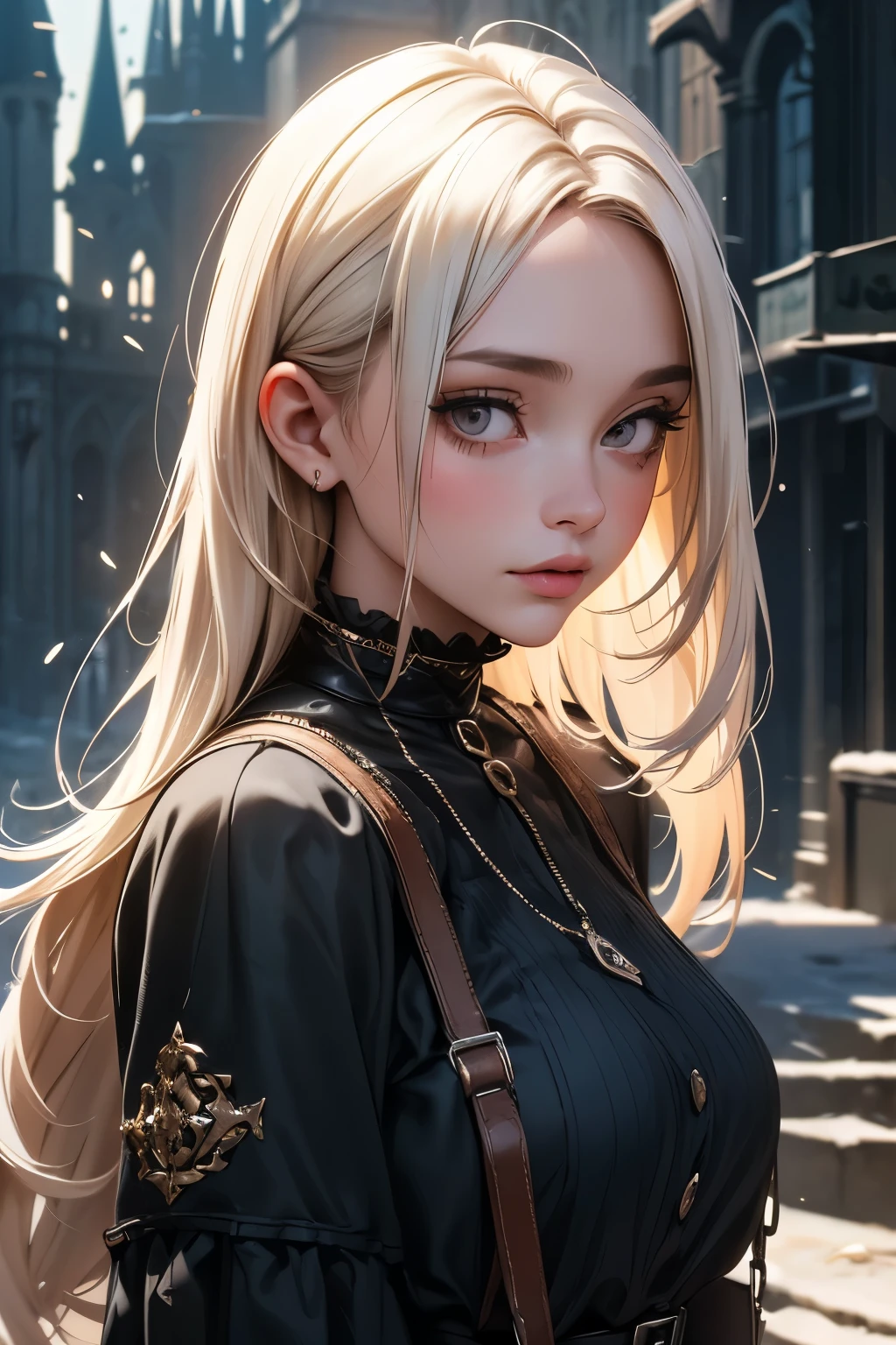 (best quality,4k,8k,highres,masterpiece:1.2),ultra-detailed,(realistic,photorealistic,photo-realistic:1.37), a girl who looks to be in her teens, dressed in ragged finery, one would believe she was on her way to a  of noble corpses. Her skin is pure white, unnaturally so. She has heavy bags under her steely black eyes. background in an abandoned city, tight roads with Gothic architecture. A constant pall hangs over the town.