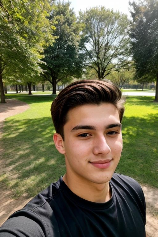 20 year old handsome man selfie, Above the chest, Park background