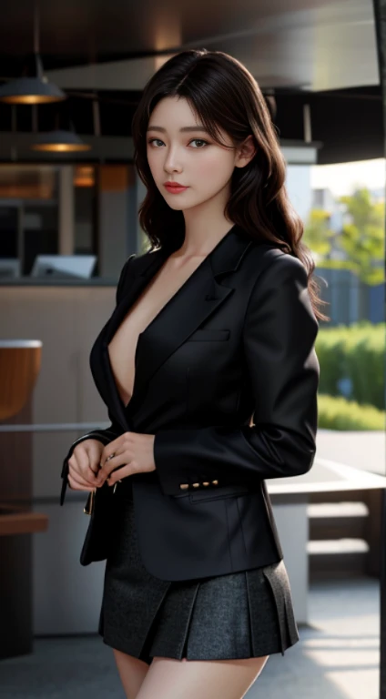 best quality, masterpiece, 1girl, Beautiful face, (photo realistic:1.3), rim lighting, (high detailed skin:1.2), 8k uhd, dslr, high quality, high resolution, 4k, 8k, Bokeh, absurdres, best ratio four finger and one thumb, (realistic:1.3), cute 1girl, wearing black formal unbutten blazer, no bra, medium breasts, short skirt,