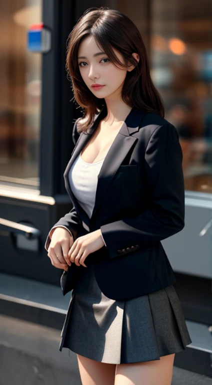 best quality, masterpiece, 1girl, Beautiful face, (photo realistic:1.3), rim lighting, (high detailed skin:1.2), 8k uhd, dslr, high quality, high resolution, 4k, 8k, Bokeh, absurdres, best ratio four finger and one thumb, (realistic:1.3), cute 1girl, wearing black formal unbutten blazer, no bra, medium breasts, short skirt,