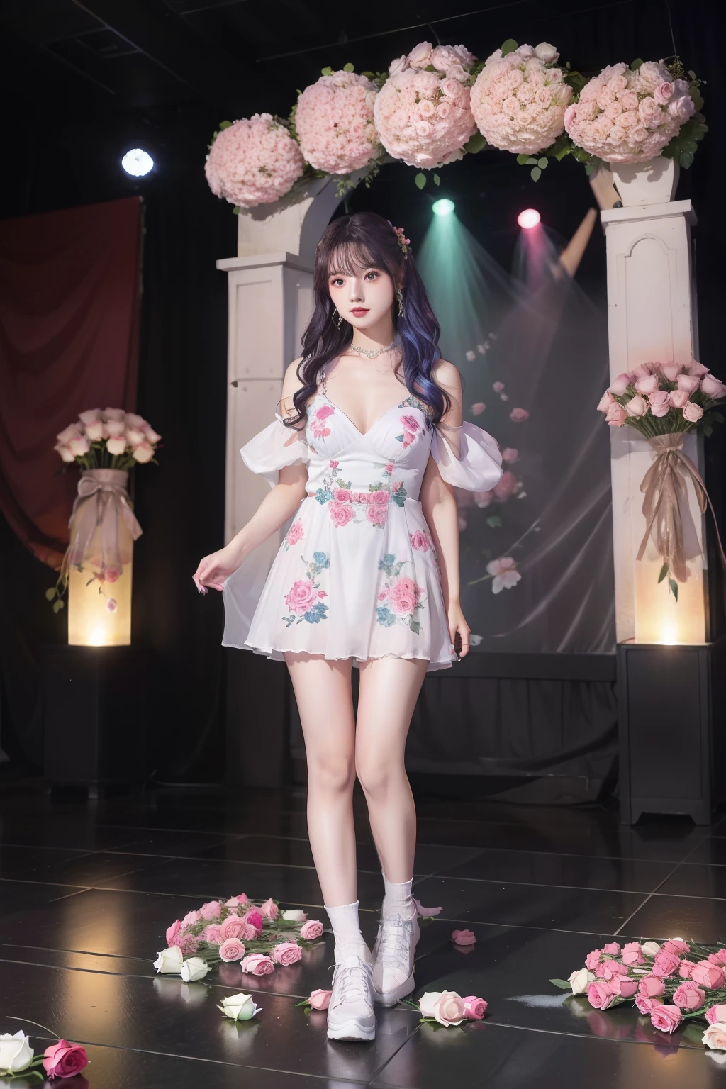 Female idol covered in roses、Full body Esbian、、mini dress full of roses、luminescent、colorful hair