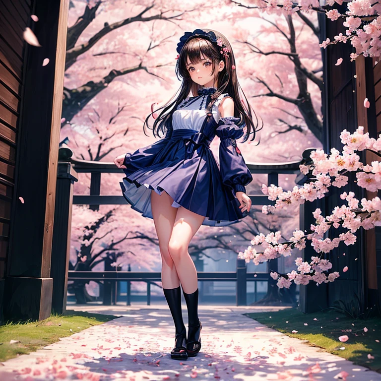 master piece Highest image quality A 16-year-old Japanese girl is standing wearing a navy blue one-piece dress with puff sleeves.. lolita fashion full body painting Standing picture cherry blossom trees (cherry blossom petals are falling:1.4) tilt your head slightly Dark brown boots white knee socks Brown pouch Long straight black hair standing , (full body:1.4) , (toe:1.4)