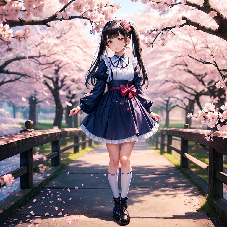 master piece Highest image quality A -yeld Jaese girl is standing wearing a navy blue one-piece dress with puff sleeves.. lolita fashion full body painting Standing picture cherry blossom trees (cherry blossom petals are falling:1.4) tilt your head slightly Dark brown boots white knee socks Brown pouch Long straight black hair standing , (full body:1.4) , (toe:1.4)