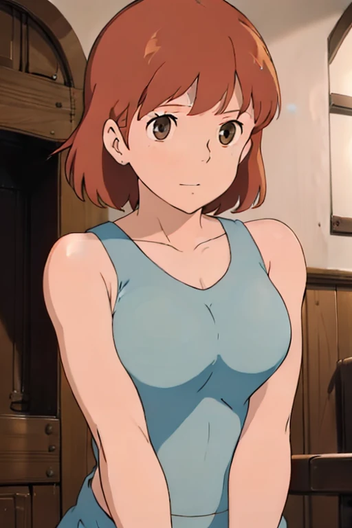 Nausicaa, 1girl, solo, cute, blush, slim, brown hair, (looking at viewer, cleavage), bent over, cowboy shot, huge breasts, (white tanktop:1.5), sit, bed, (perfect detailed anatomy, beautiful face&eyes, beautiful skin, perfect body)
