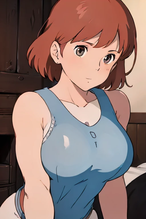 Nausicaa, 1girl, solo, cute, blush, slim, brown hair, (looking at viewer, cleavage), bent over, cowboy shot, huge breasts, (white tanktop:1.5), sit, bed, (perfect detailed anatomy, beautiful face&eyes, beautiful skin, perfect body)