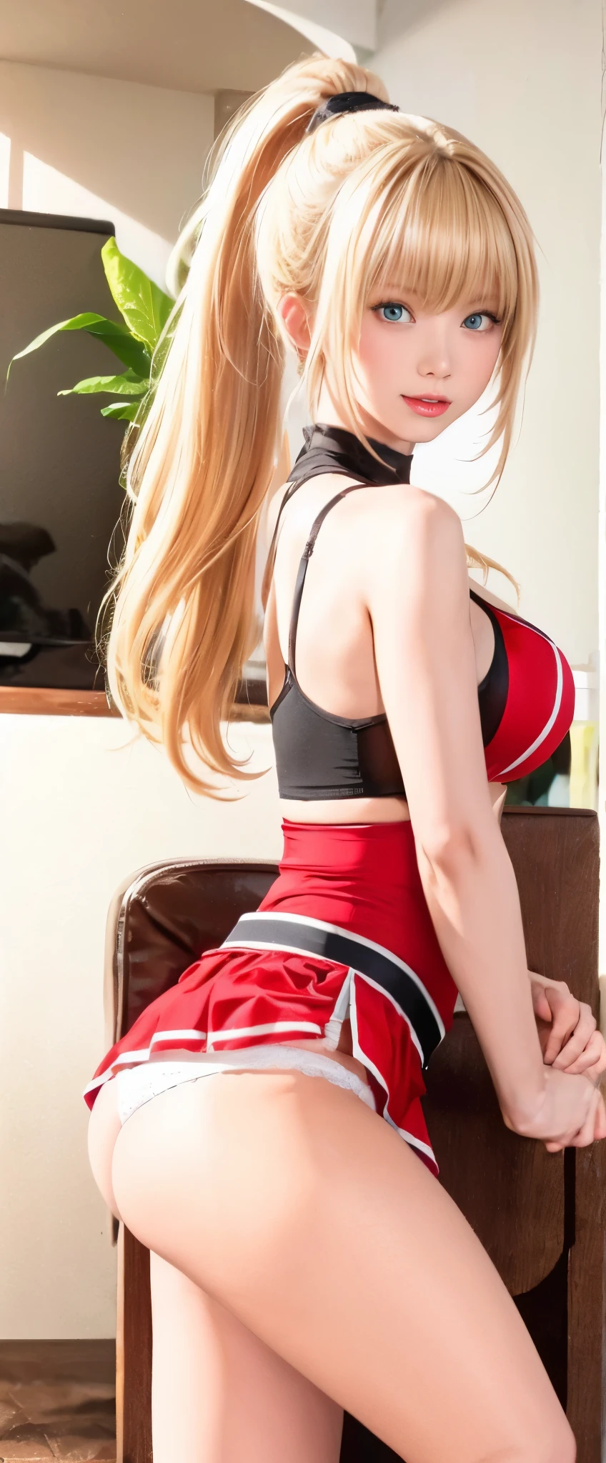 photorealistic、master piece、1 girl、23 years old、beautiful face、(Cheergirl costumes、white sleeveless、Red tight mini skirt)、(long blonde hair、high ponytail)、big breasts、beautiful thighs、beautiful butt、panty shot
