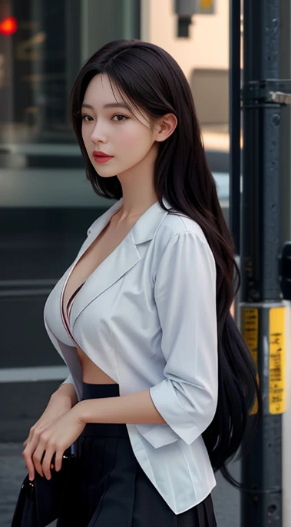 best quality, masterpiece, 1girl, Beautiful face, (photo realistic:1.3), rim lighting, (high detailed skin:1.2), 8k uhd, dslr, high quality, high resolution, 4k, 8k, Bokeh, absurdres, best ratio four finger and one thumb, (realistic:1.3), cute 1girl, wearing black formal unbutten blazer, until her breasts were visible, no bra, medium breasts, short skirt,