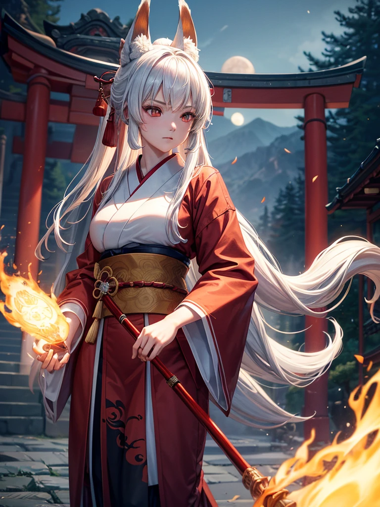 Shot Full Body:1.3), (((Best Quality))), ((Ultra-detailed)), (Cinematic lighting), (illustartion), (beautiful detail eyes), ((1boy, ember, teenaged, Asian facial features:1.5)), Depth of field,(white skin color, Asiatic:1.8), ((albino:0,5)), ((vocaloid)), (((Masterpiece, hiquality, hight resolution,Detailed background, A detailed eye, Good eyes, mist, Pronunciation of spells, Magical Dark Aura, good anatomy, dreamy))), (Young face, looking straight, Thin body:1.2), ((white colored hair, Long hair, Asian hairstyle:1.5)), Magic Sparks, Shiny black particles, (Long hair:1.3), Kingsglaive Apparel, ((Fantasy Japanese outfit, Yellow kimono, Dark fantasy, Black Haori, Traditional Japanese clothing, black hakama, can), Clothing of the Asian aristicracy, (pointed ears:1.2), glowing eyes,(red eyes), Roman background, (using magic:1.4),(absurdress, hight resolution, Ultra Detailed),Finely detailed eyes and detailed face, fool \tarot\, bard, clown, Symbolism, visual art, occult, Universal, Vision Casting, Philosophical, Iconography, Divination by numbers, Popularity, an artistic, ((Tranquil))