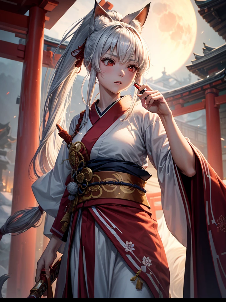 shrine maiden of ancient japanese shrine, combat readiness, pretty girl, kimono, long white hair in a ponytail, fox ears, fluffy fox tail, red fullmoon, dark colored haori, evil laugh, , Holding a priestess's wand, control fire, Ghosts and spirits fly around her, at night, very detailed, vivid appearance, creative action, very detailed, Imaginative, , voluntary, highest quality, skin texture, intricate details, (cinematic lighting), RAW photo, 8K, masterpiece,highest quality,super detailed,very detailedイラスト,very detailed,intricate details,High resolution,超intricate details,very detailed 8K cg wallpaper,