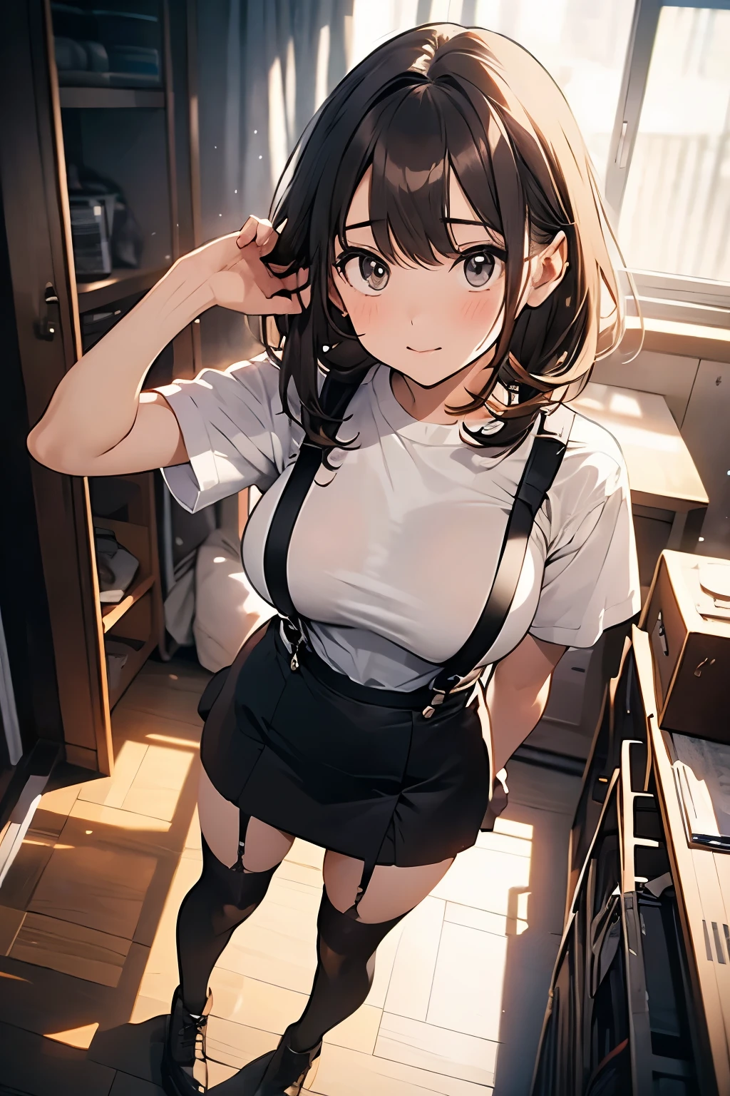 brown hair、looking at the viewer　　suspenders　　　Bulging big breasts　　 　 　　　　Black miniskirt　garter belt　knee high socks　　　　　　Gaze　　　small face　bangs 　　　　　Beauty　　hands up　　 　Gaze 　black boots 　provocation　　armpit sweat　one person 　　put your hands behind your back　cutter shirt　　Panty shot