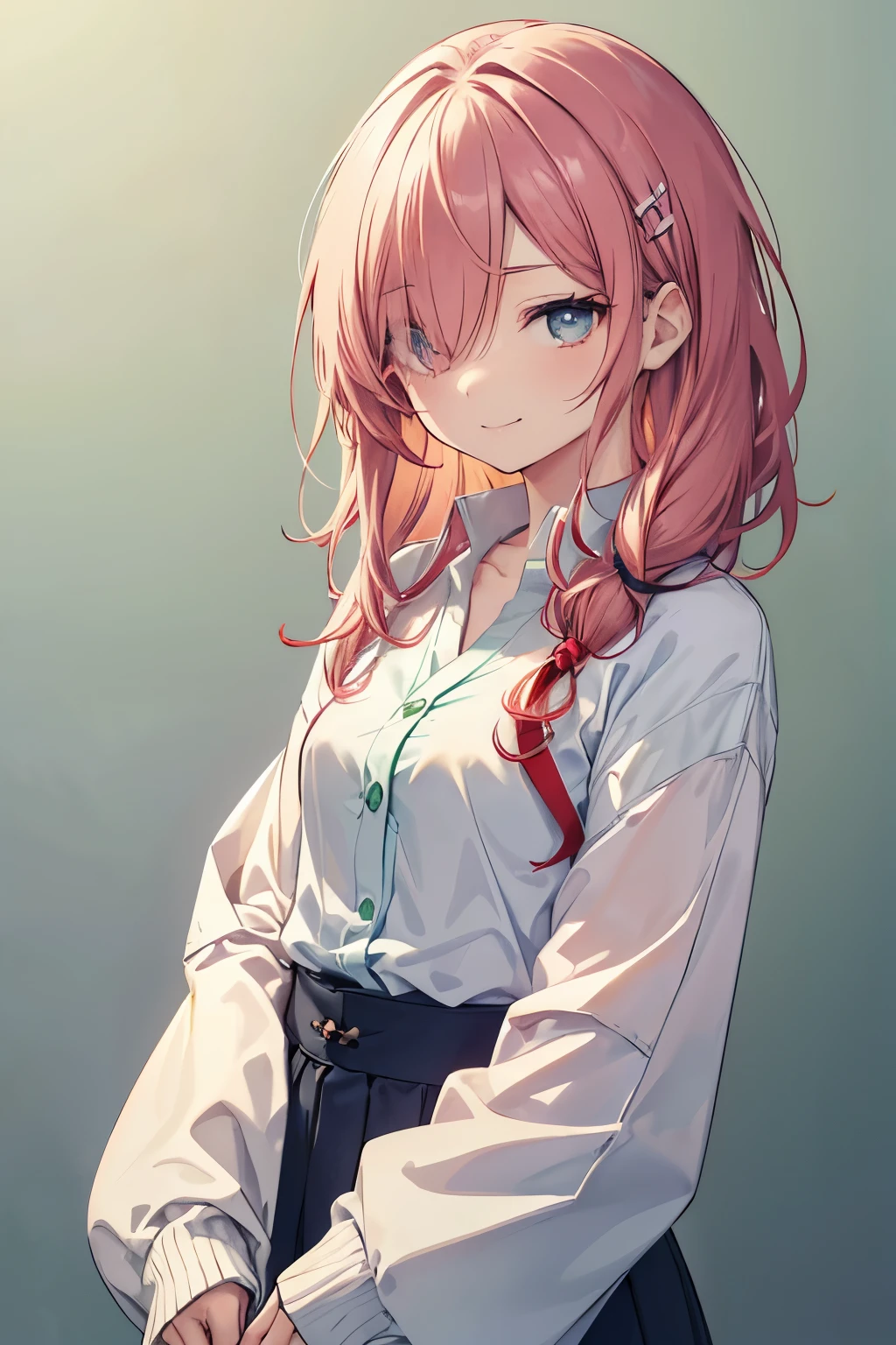 A 26 years old Japanese lady (( slender, medium breast )), straight medium hair(( light red hair ))(( one dianthus motif small hairpin )), much shaggy forelock(( hair over one eye completely:1.4)), ((gradients )) colors cardigan ((light green and indigo gradients color shirt )), holding her arms in front,looking back pose,(( corners of her mouth are rising)),((no background))(( blue eyes, smile calmly )),