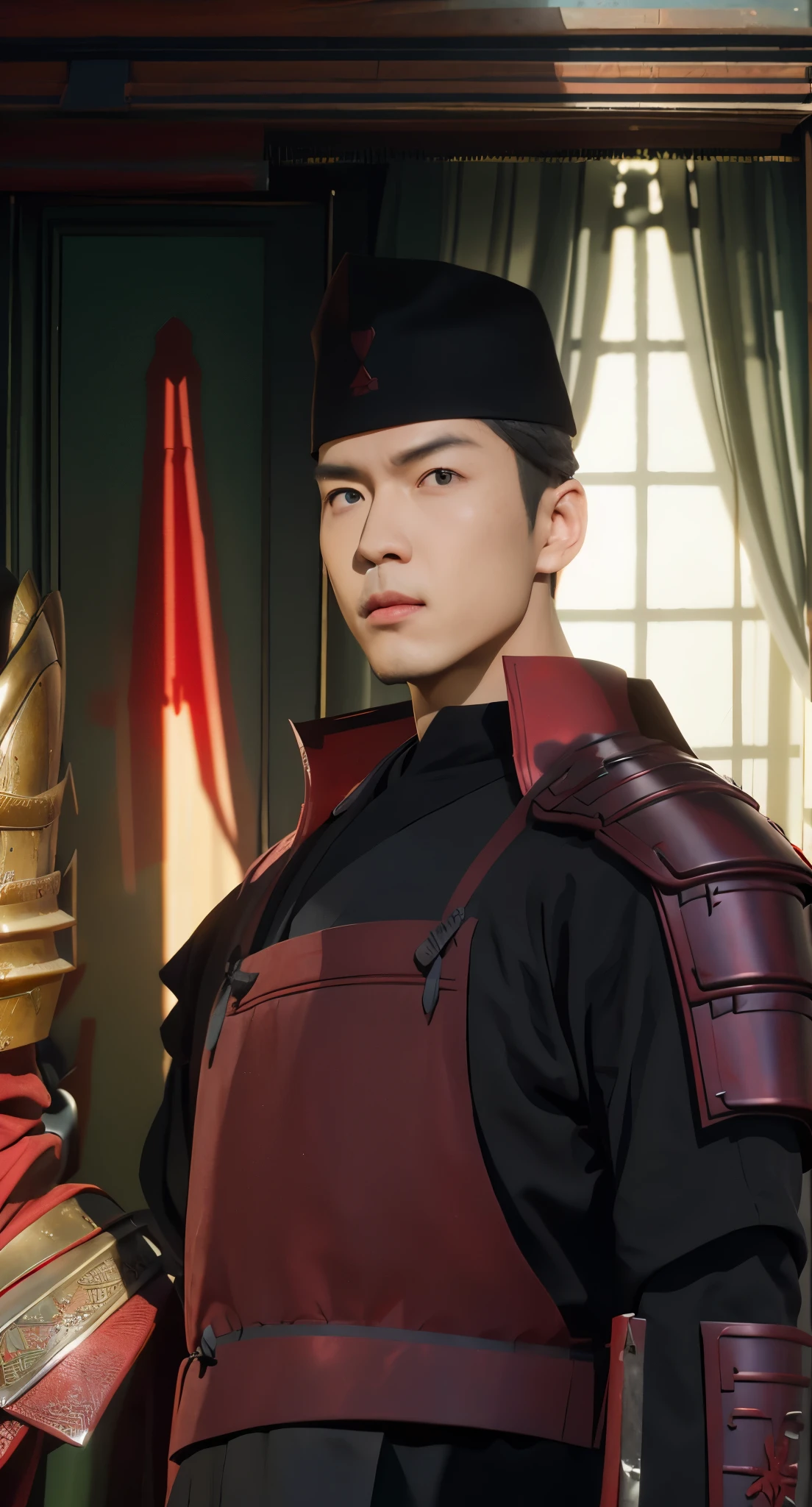 Real life adaption of this character, handsome man,wear realistic same outfit, wear red iron armor on hand and chest like samurai outfit,wear realistic black Cap on head, realistic same background,realism, hyper realistic, realistic light, realistic shadow,(photorealistic 1:2)