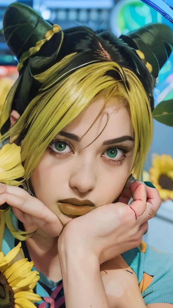 a drawing of a woman with green hair and green eyes, beautiful sunflower anime girl, jojo anime style, style of jojolion cover art, colored manga art, full color manga visual style, artgerm sylvari portrait, overlord billie eilish, manga art style, striking manga artstyle, made with anime painter studio, 4 k manga wallpaper