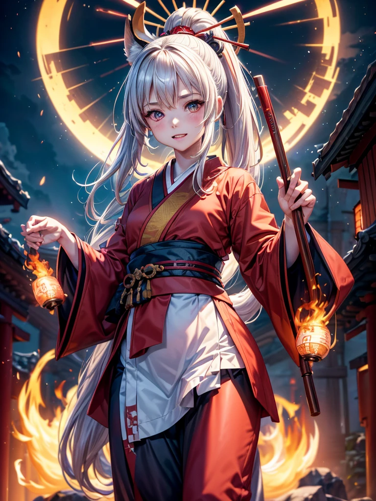 shrine maiden of ancient japanese shrine, combat readiness, pretty girl, kimono, long white hair in a ponytail, fox ears, fluffy fox tail, red fullmoon, dark colored haori, evil laugh, , Holding a priestess's wand, control fire, Ghosts and spirits fly around her, at night, very detailed, vivid appearance, creative action, very detailed, Imaginative, , voluntary, highest quality, skin texture, intricate details, (cinematic lighting), RAW photo, 8K, masterpiece,highest quality,super detailed,very detailedイラスト,very detailed,intricate details,High resolution,超intricate details,very detailed 8K cg wallpaper,