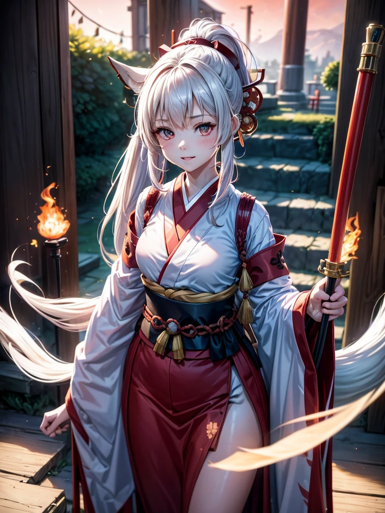 lily、gray hair、Fox、warrior、shrine、long hair、small breasts、highest quality、He has a sword at his waist.woman,naked、nipple