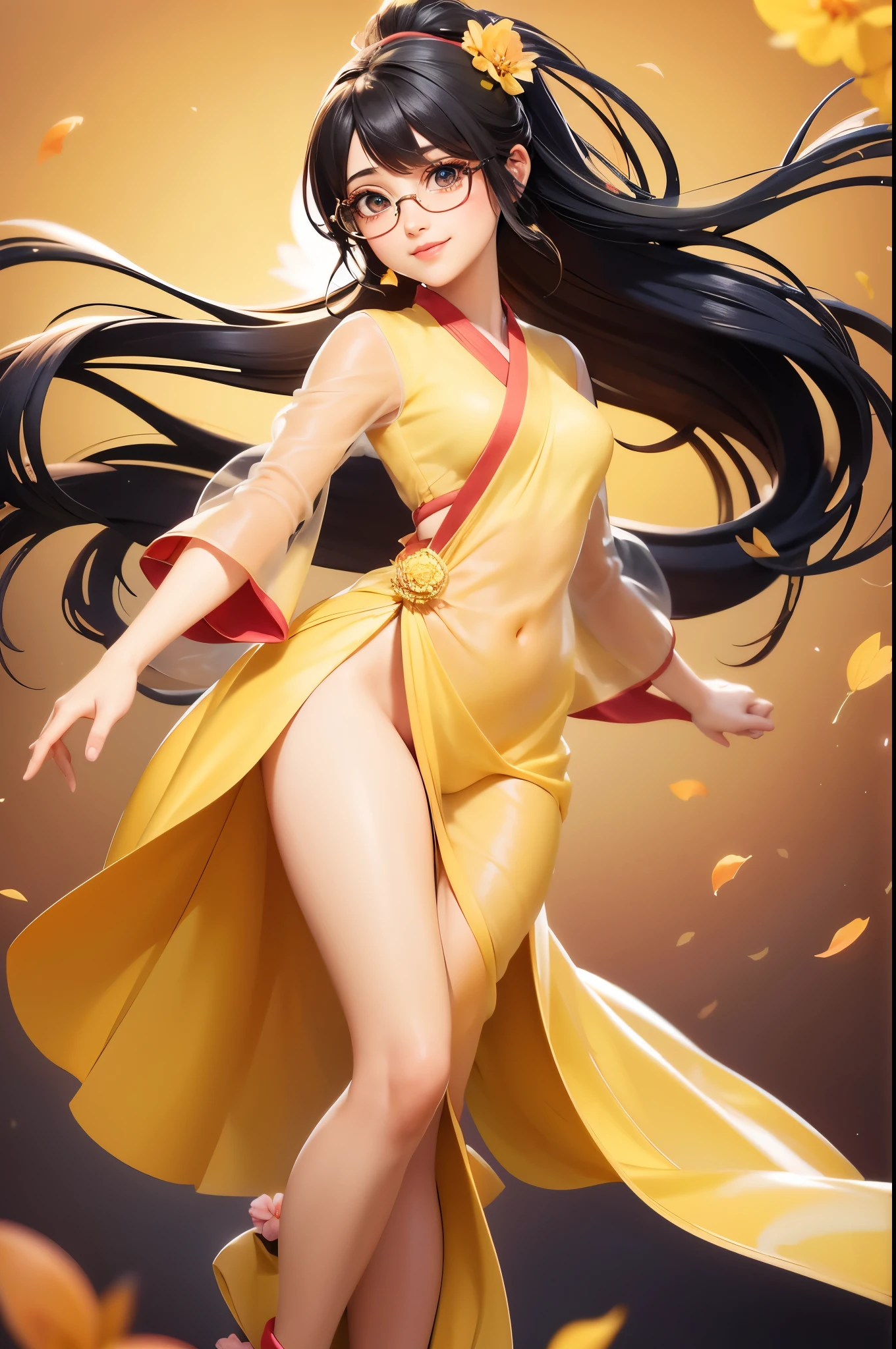 Wide shot, Beautiful girl, black hair in a ponytail, bangs, a hair accessory, wearing glasses, a bright smile, small breasts, a slim waist, (wearing a hanfu ((see-through)) with many layers of intricate details (light yellow)) , Dresses fluttering in the wind, seductive dances, the backdrop is an island with only peach trees in full bloom, many peach petals fluttering, morning light, anime, high quality